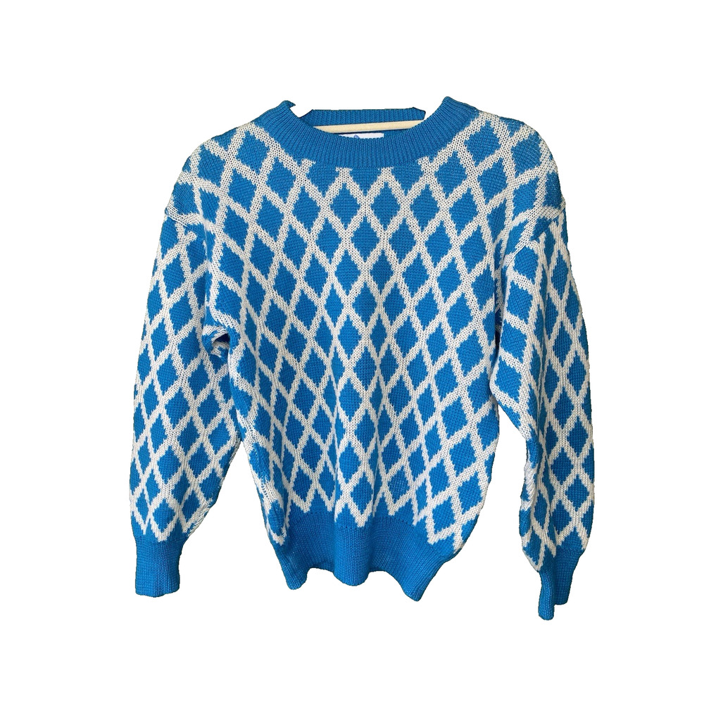 Vintage Wool Mount Cervin Sweater Womens Medium 80s Blue White Ski Vacation Top